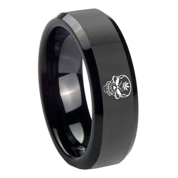8mm-Skull-Marijuana-Leaf--Beveled-Edges-Black-Tungsten-Mens-Ring-Personalized
