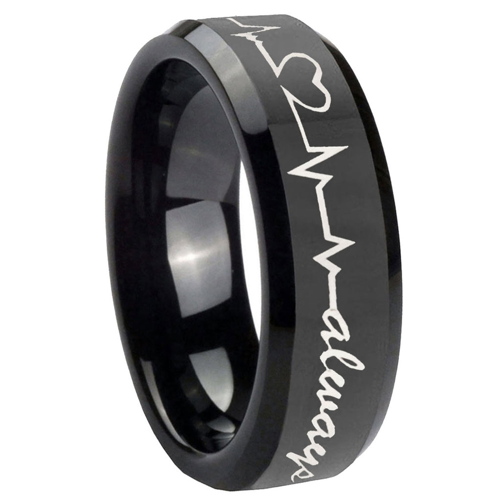 10mm Heart Beat forever Heart always Beveled Black Tungsten Wedding Band Mens