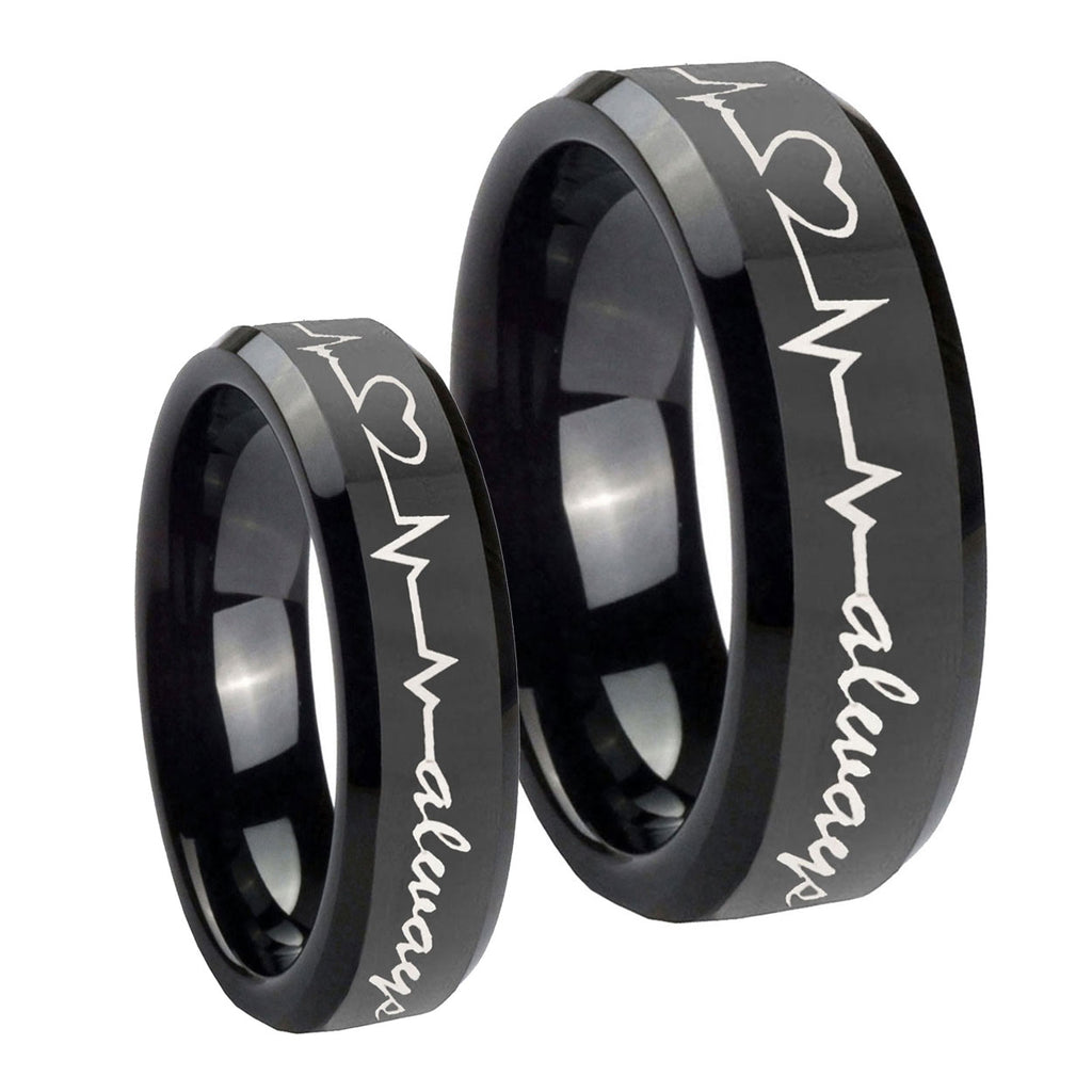 Heart Beat forever Heart always Beveled Black Tungsten Wedding Set Rings