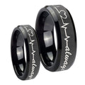 Heart Beat forever Heart always Beveled Black Tungsten Wedding Set Rings