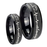 His Hers Heart Beat forever Heart always Beveled Black Tungsten Men Ring Set