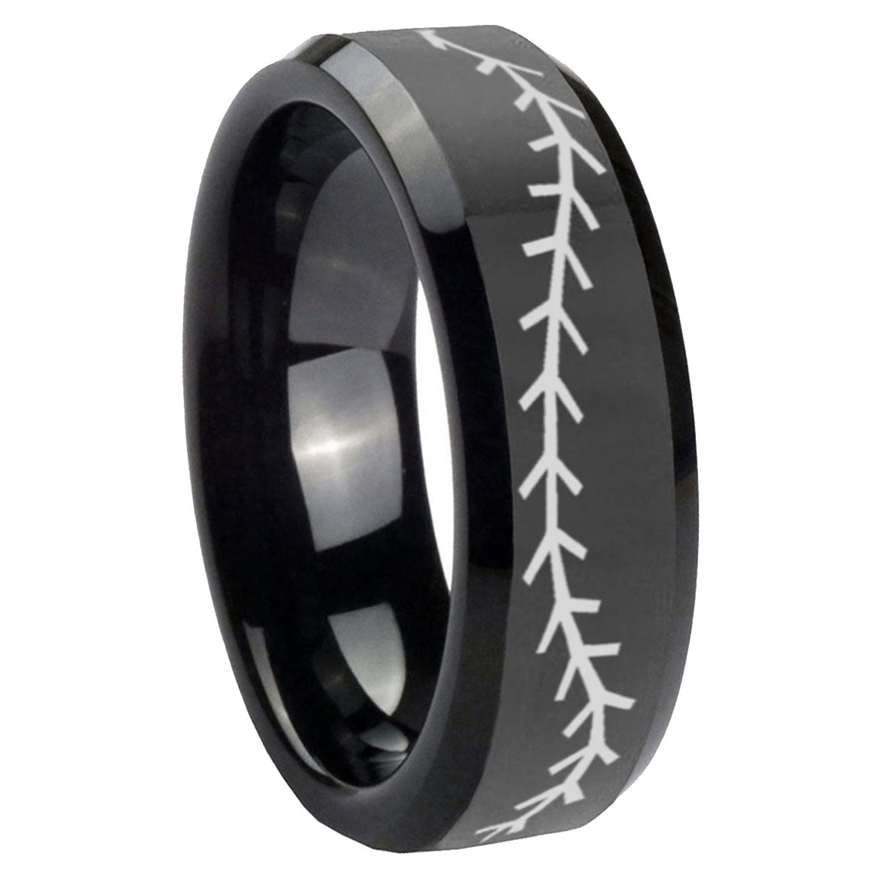 10mm Baseball Stitch Beveled Edges Black Tungsten Carbide Bands Ring