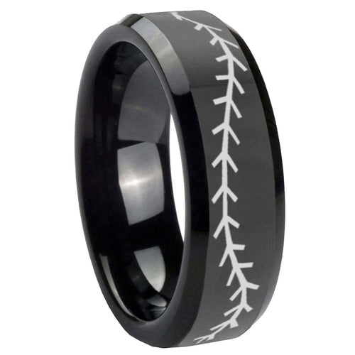 10mm Baseball Stitch Beveled Edges Black Tungsten Carbide Bands Ring