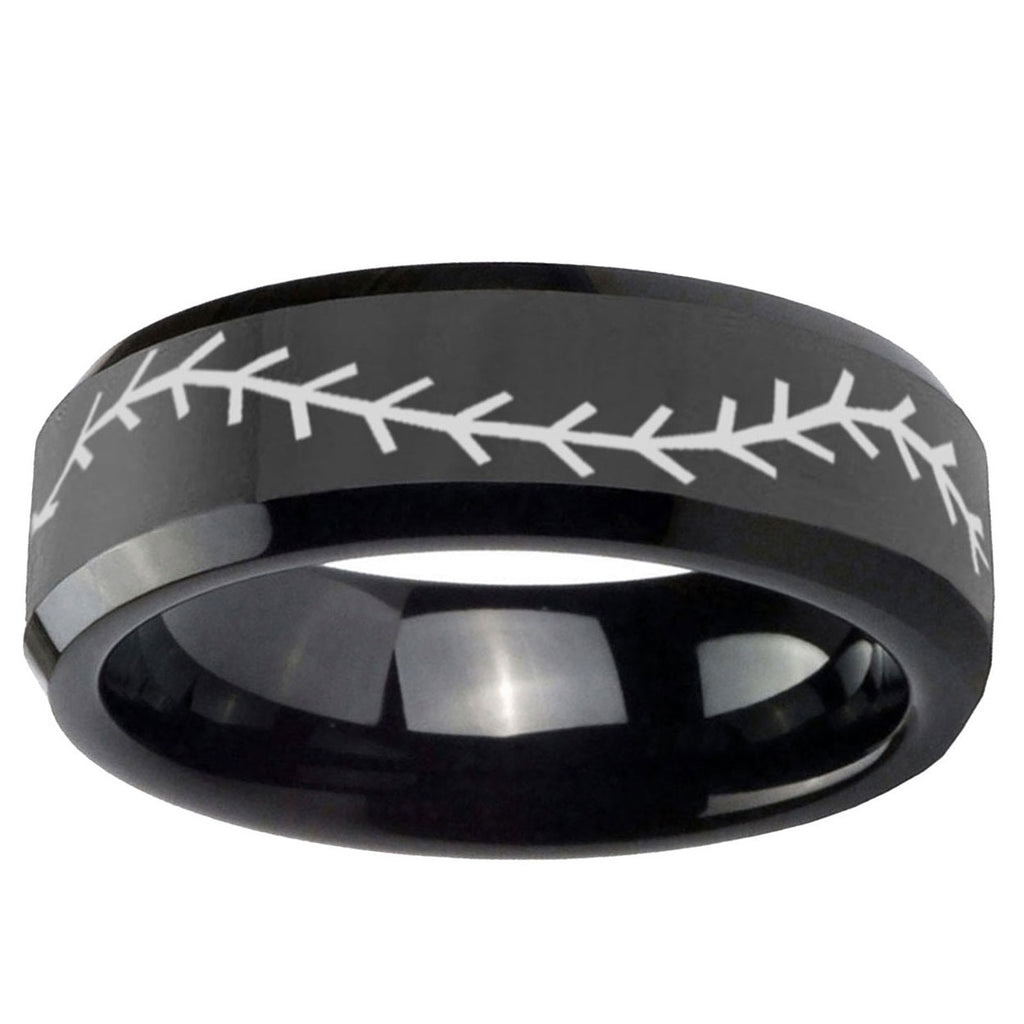 10mm Baseball Stitch Beveled Edge Black Tungsten Ring