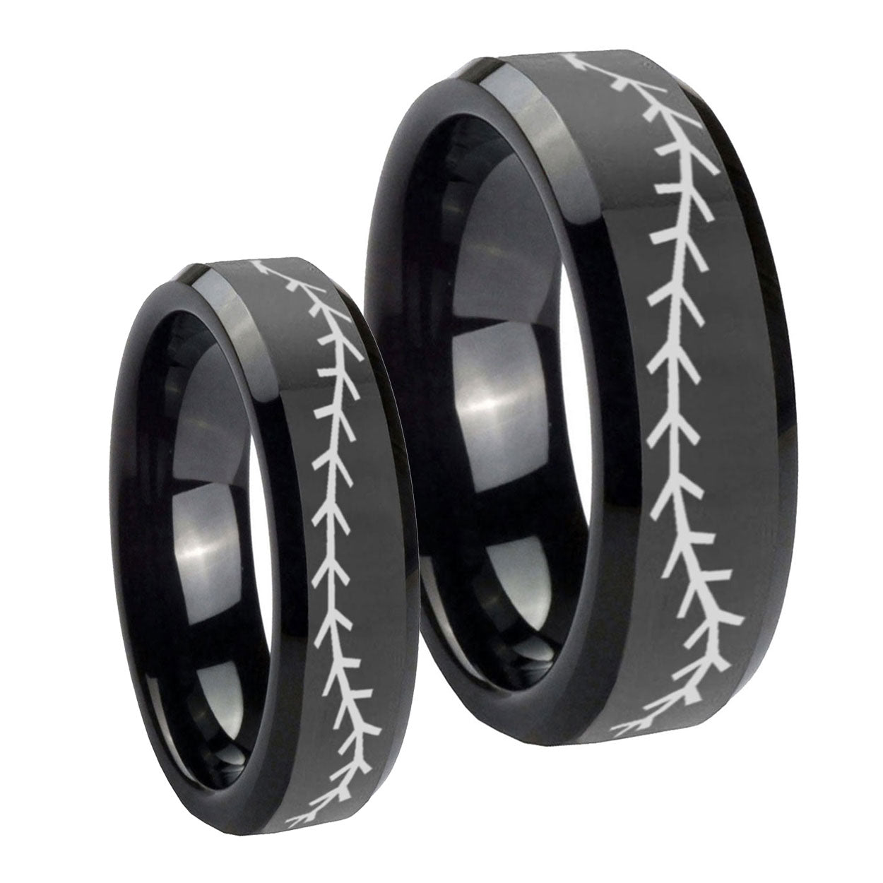 Baseball Stitch Beveled Edges Black Tungsten Promise Ring Set