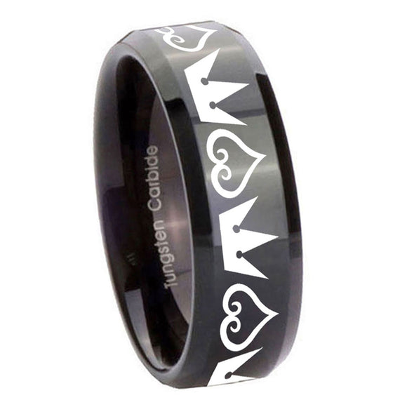 8mm-Hearts-and-Crowns-Beveled-Edges-Black-Tungsten-Carbide-Men's-Wedding-Ring
