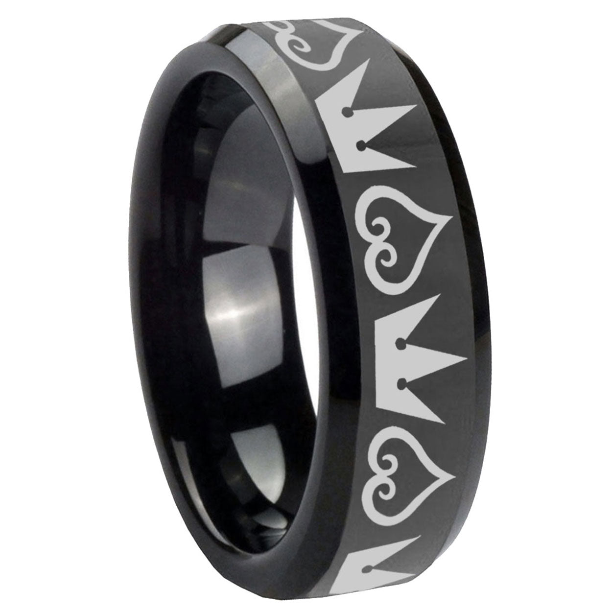 10mm Hearts and Crowns Beveled Edges Black Tungsten Carbide Custom Mens Ring