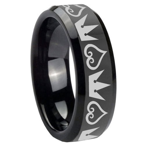 10mm Hearts and Crowns Beveled Edges Black Tungsten Carbide Custom Mens Ring