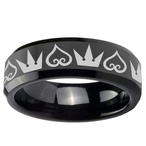 10mm Hearts and Crowns Beveled Edge Black Tungsten Ring
