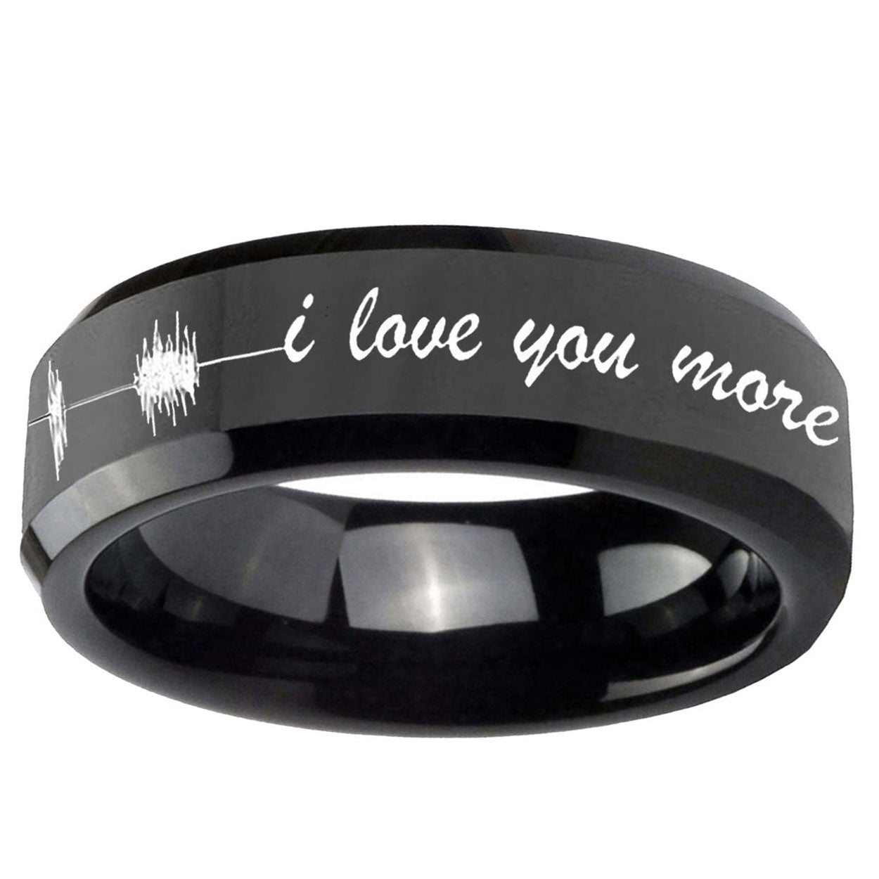 10mm Sound Wave, I love you more Beveled Black Tungsten Custom Ring for Men