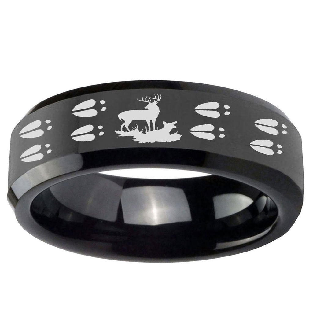 10mm Deer Hunting Tracks Beveled Edge Black Tungsten Ring