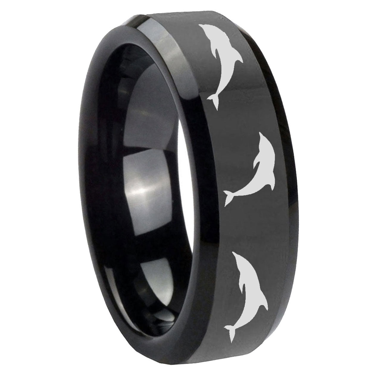 8mm Dolphins Beveled Edges Black Tungsten Anniversary Ring