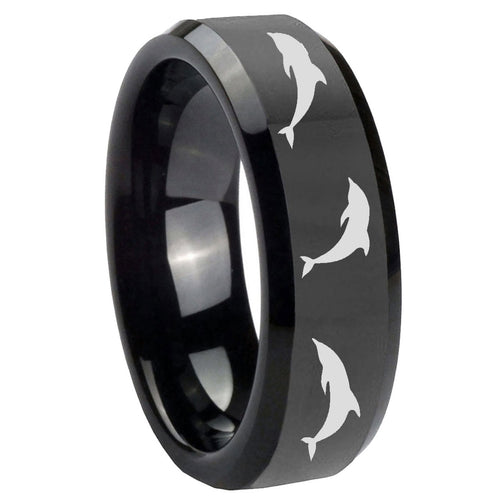 10mm Dolphins Beveled Edges Black Tungsten Carbide Mens Bands Ring