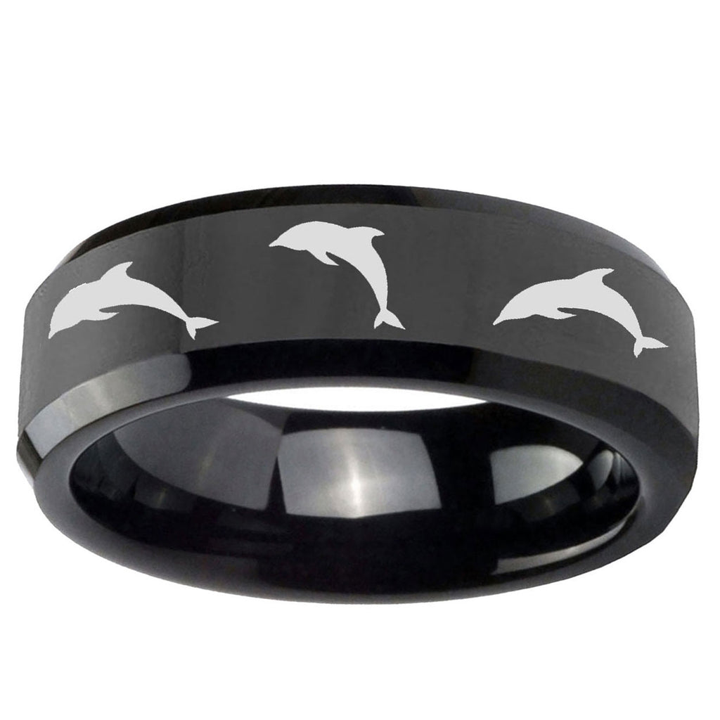 10mm Dolphins Beveled Edge Black Tungsten Carbide Mens Bands Ring