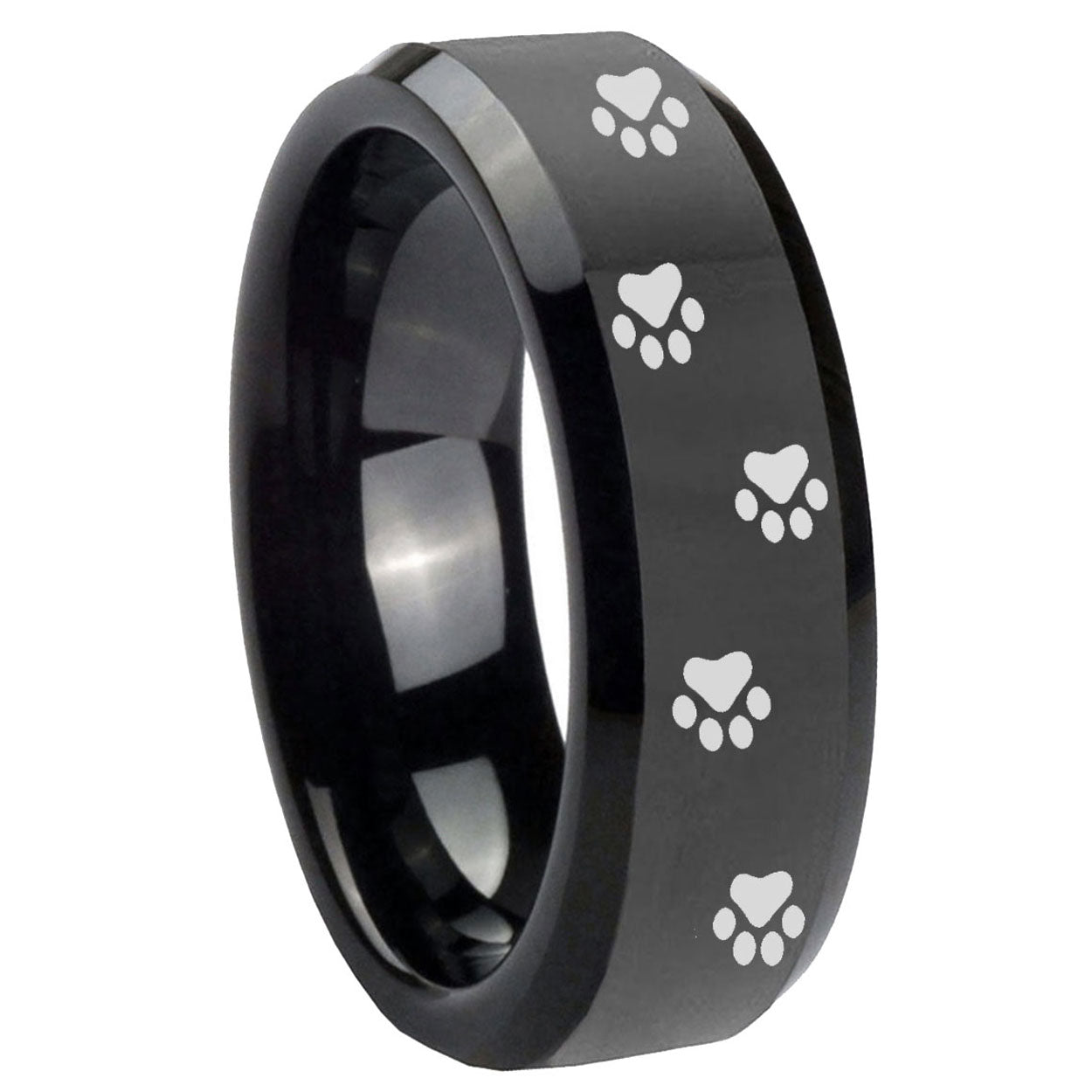 10mm Paw Print Beveled Edges Black Tungsten Carbide Men's Bands Ring