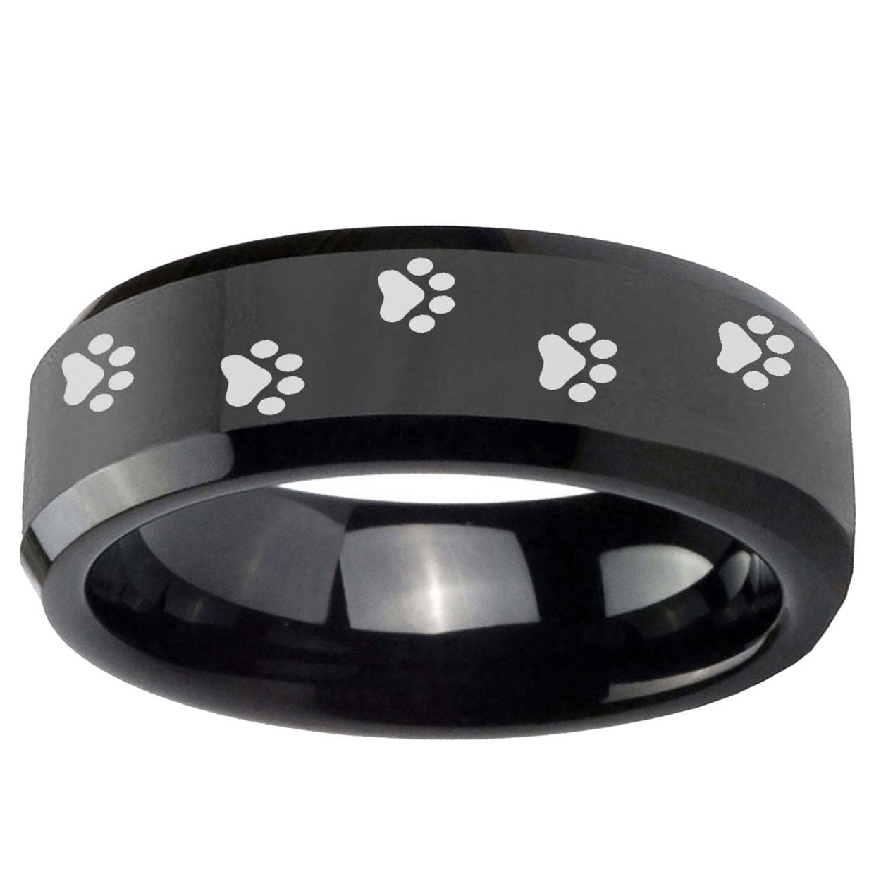 10mm Paw Print Beveled Edge Black Tungsten Ring