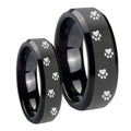 Paw Print Beveled Edges Black Tungsten Mens Band Set