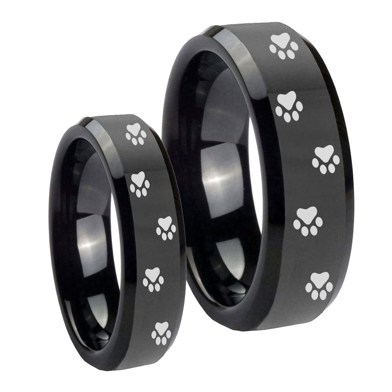 Paw Print Beveled Edges Black Tungsten Mens Band Set