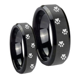 His Hers Paw Print Beveled Edges Black Tungsten Men's Promise Rings Set