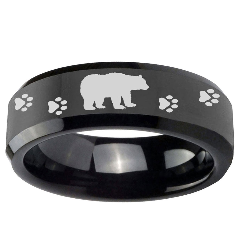 10mm Bear and Paw Beveled Edge Black Tungsten Ring
