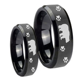 Bride and Groom Bear and Paw Beveled Edges Black Tungsten Mens Ring Set