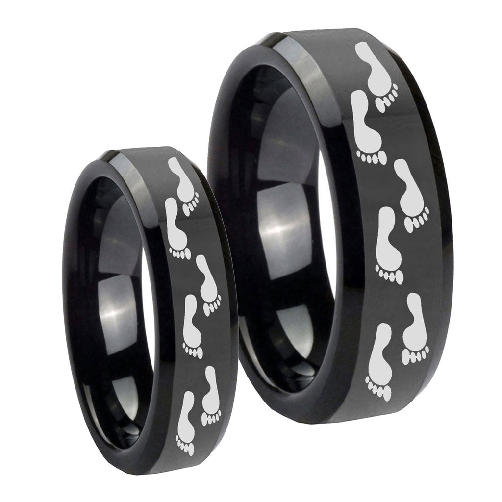 Foot Print Beveled Edges Black Tungsten Bridal Ring Set