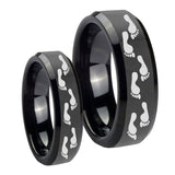Bride and Groom Foot Print Beveled Edges Black Tungsten Men's Ring Set