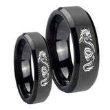 His and Hers Dragon Beveled Edges Black Tungsten Men's Wedding Band Set