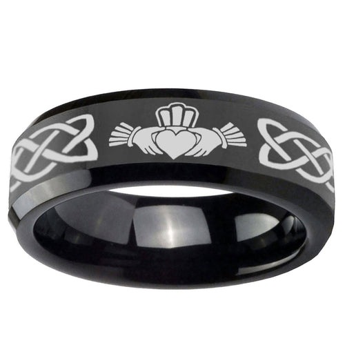 10mm Irish Claddagh Beveled Edge Black Tungsten Ring