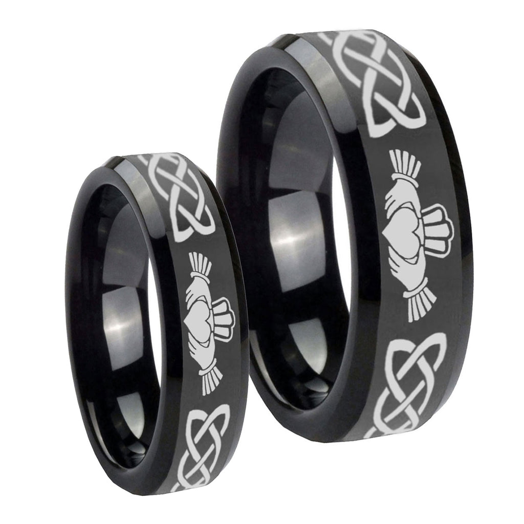 Irish Claddagh Beveled Edges Black Tungsten Mens Band Set