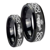 His Hers Irish Claddagh Beveled Edges Black Tungsten Anniversary Ring Set