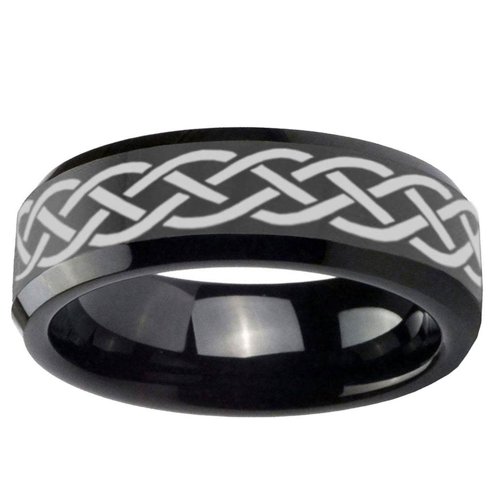 10mm Celtic Knot Beveled Edge Black Tungsten Ring