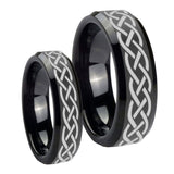 His Hers Celtic Knot Beveled Edges Black Tungsten Promise Ring Set