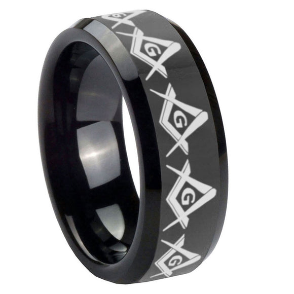 10mm-Masonic-Square-and-Compass-Beveled-Edges-Black-Tungsten-Carbide-Men's-Wedding-Band