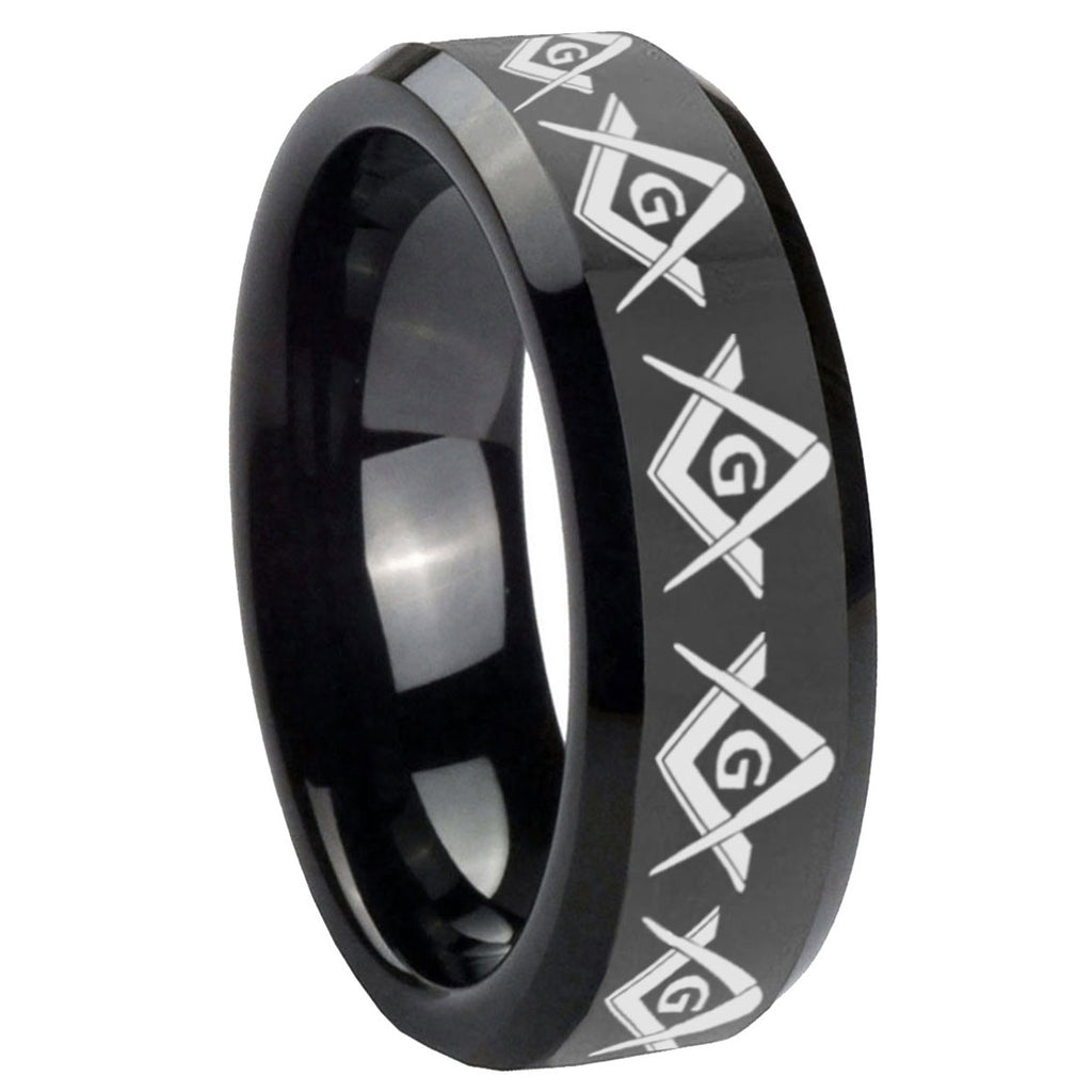 8mm Masonic Square Compass Beveled Edges Black Tungsten Ring