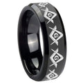 8mm Masonic Square Compass Beveled Edges Black Tungsten Ring