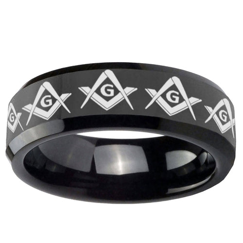10mm Masonic Square and Compass Beveled Edge Black Tungsten Ring