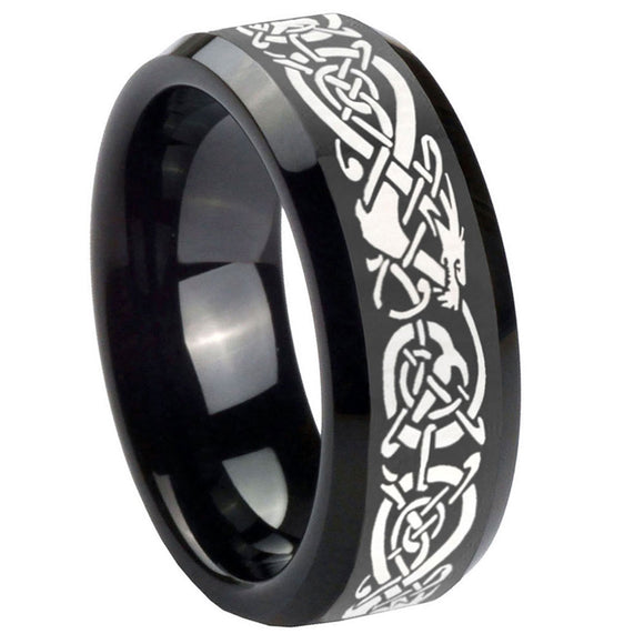 10mm-Celtic-Knot-Dragon-Beveled-Edges-Black-Tungsten-Carbide-Mens-Wedding-Ring