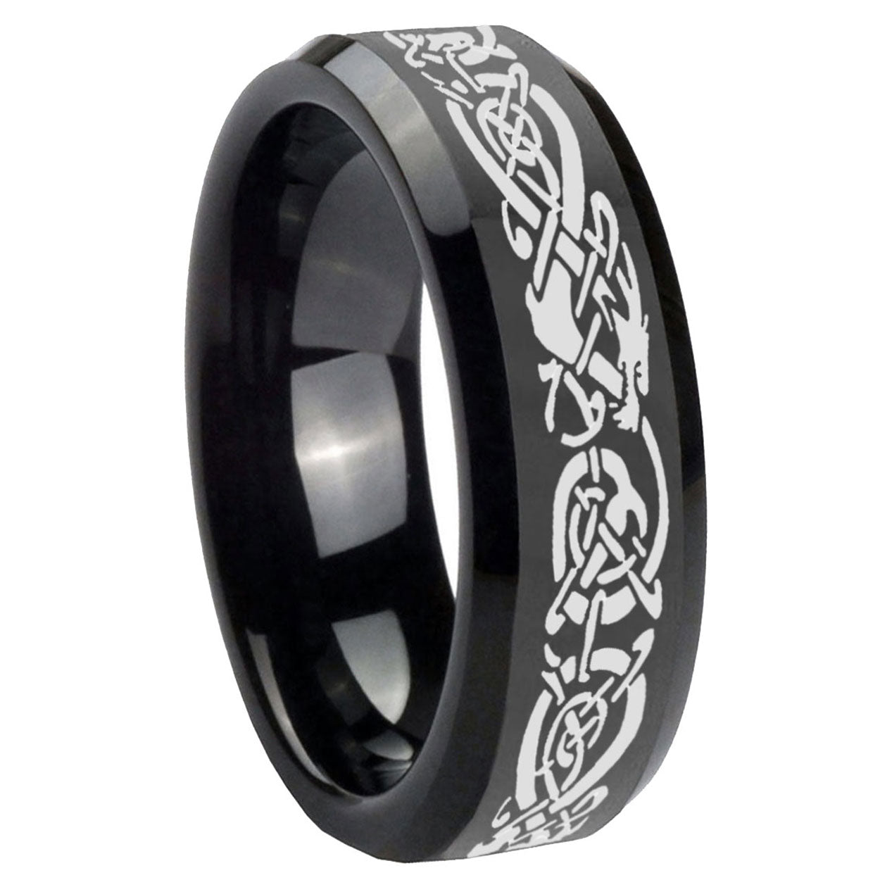 8mm Celtic Knot Dragon Beveled Edges Black Tungsten Bands