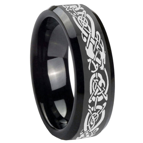 8mm Celtic Knot Dragon Beveled Edges Black Tungsten Bands