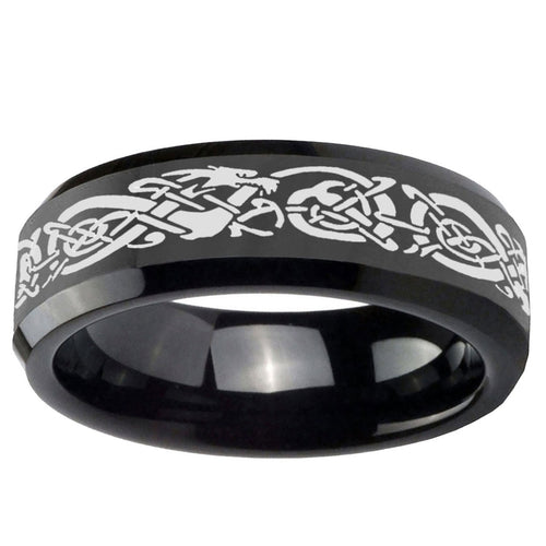 5mm Celtic Knot Dragon Beveled Edges Black Tungsten Bands