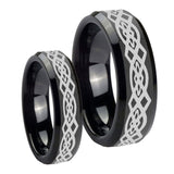 His and Hers Celtic Knot Beveled Edges Black Tungsten Engagement Ring Set