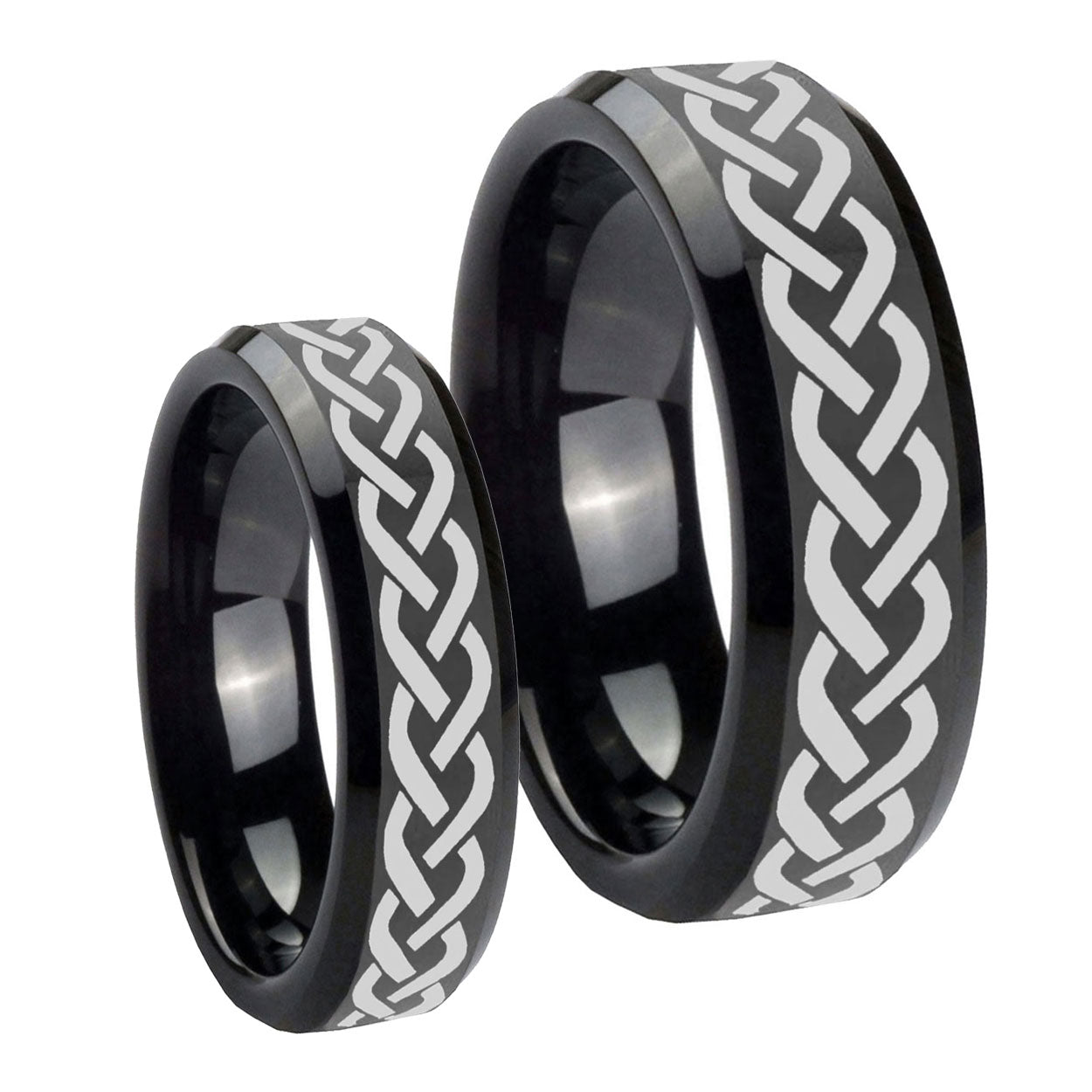 Laser Celtic Knot Beveled Edges Black Tungsten Mens Band Set