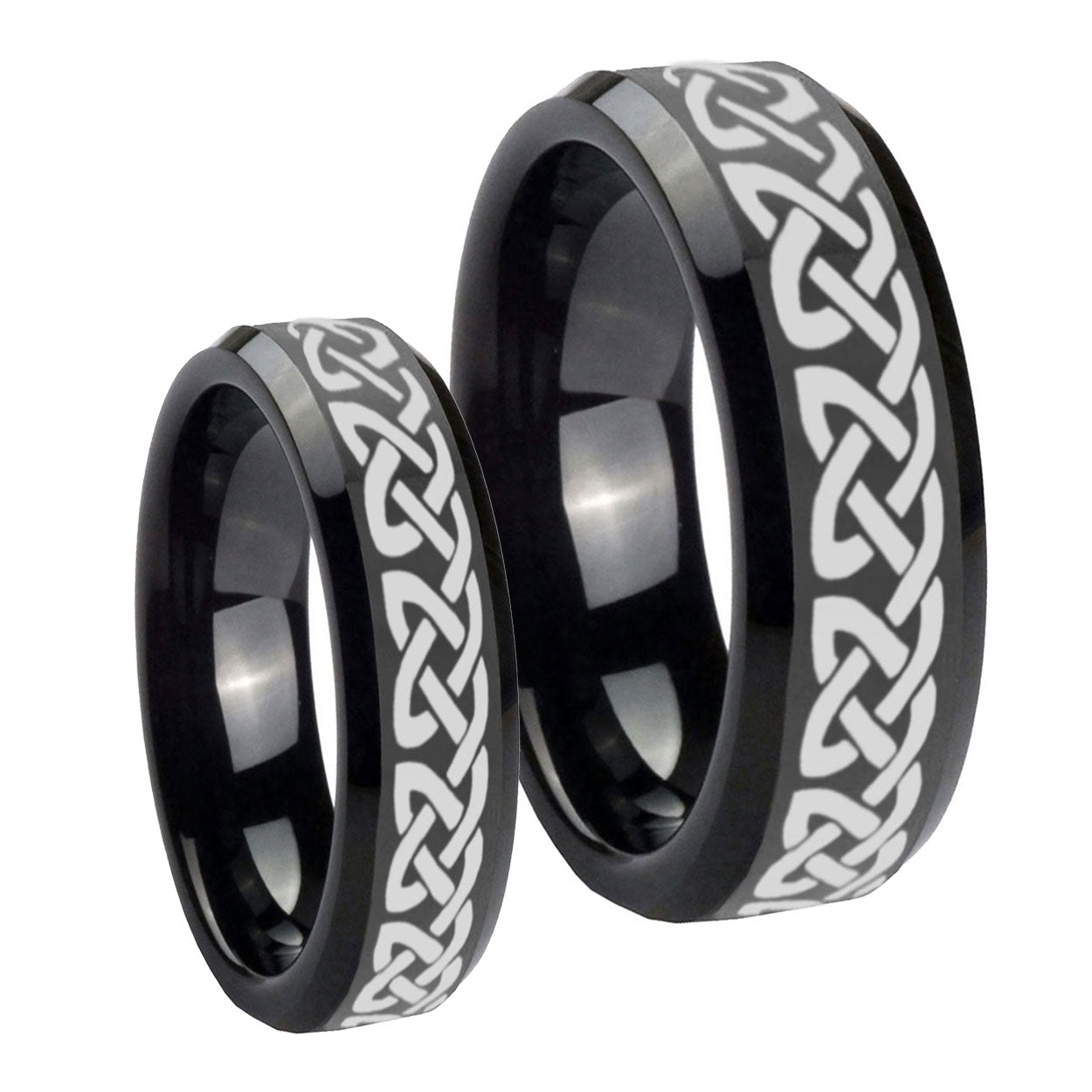 Celtic Knot Love Beveled Edges Black Tungsten Bridal Ring Sets
