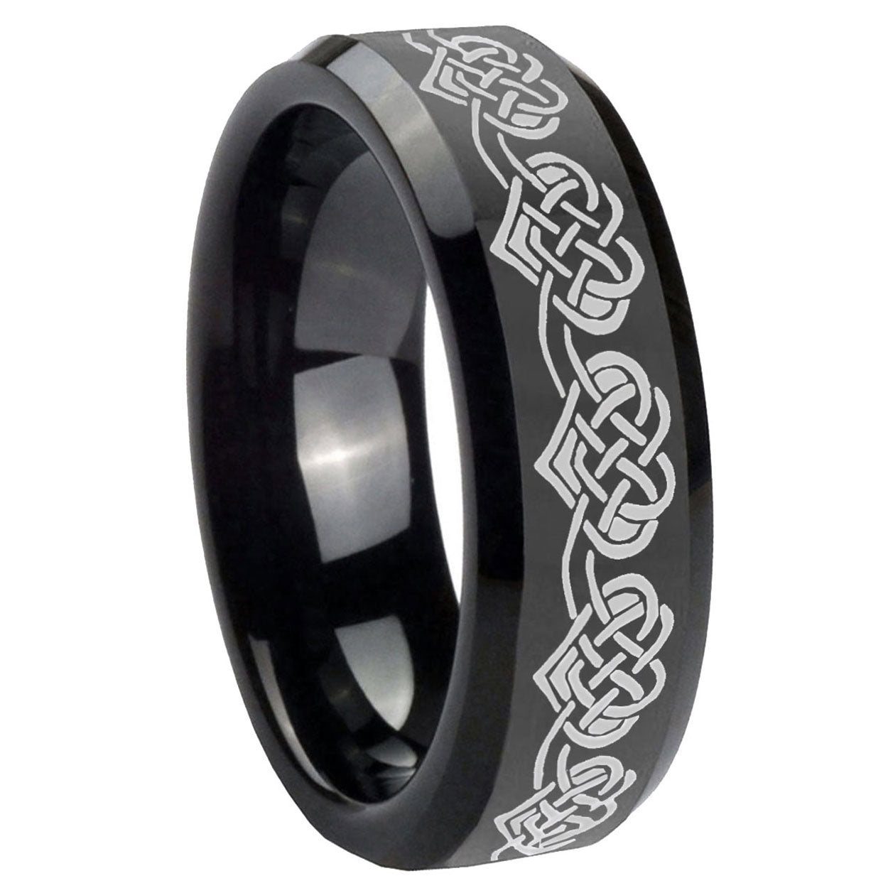 8mm Celtic Knot Heart Beveled Edges Black Tungsten Ring