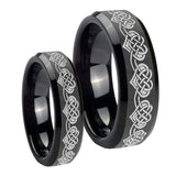 His Hers Celtic Knot Heart Beveled Edges Black Tungsten Promise Ring Set