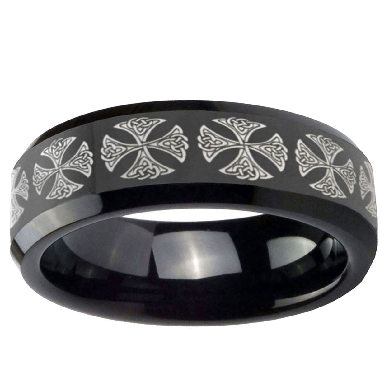 10mm Medieval Cross Beveled Edge Black Tungsten Ring