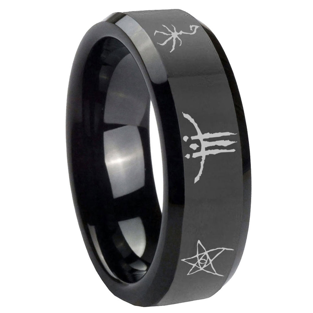 8mm Blackborne Caryll Runes Beveled Edge Polish Black Tungsten Ring