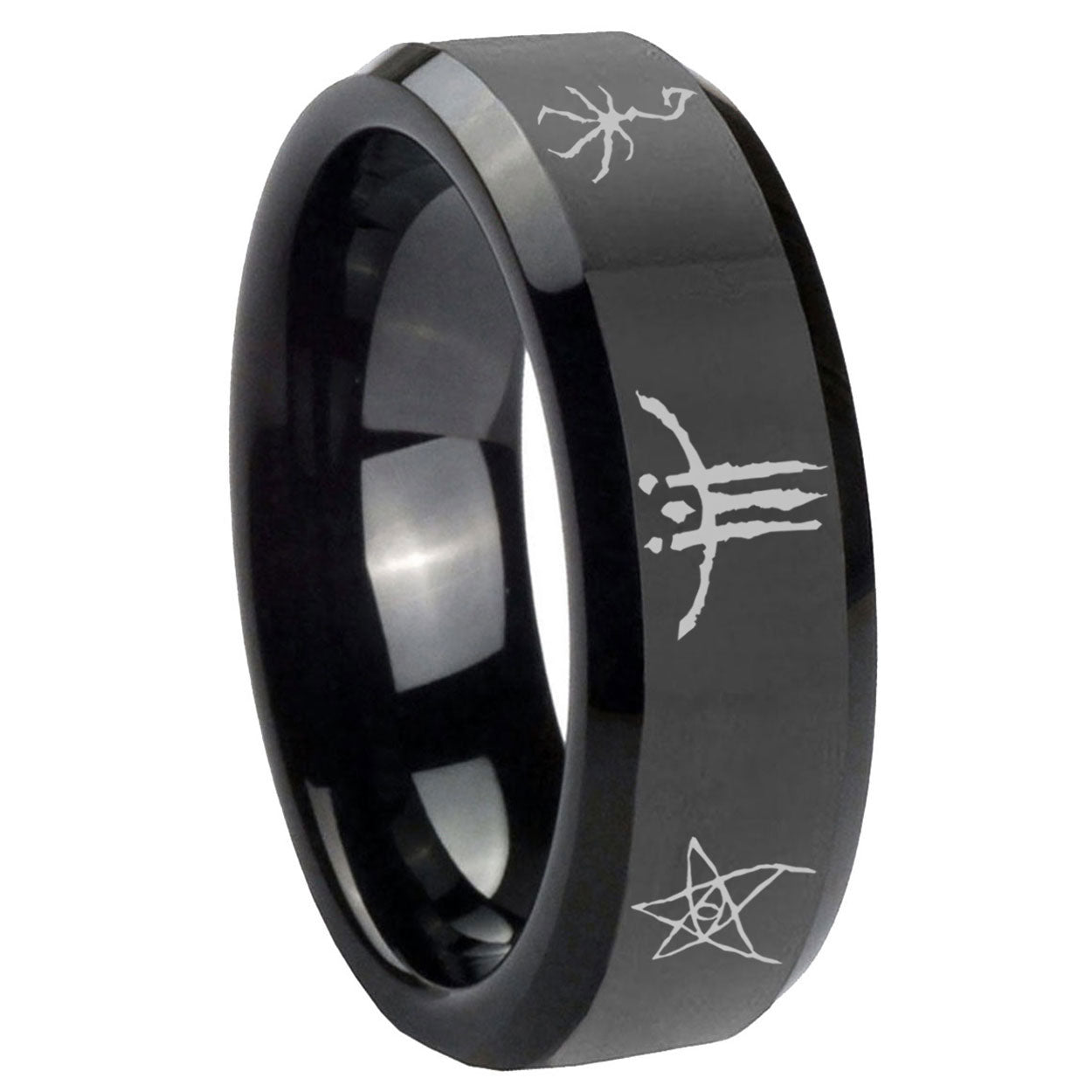 8mm Blackborne Caryll Runes Beveled Edge Polish Black Tungsten Ring