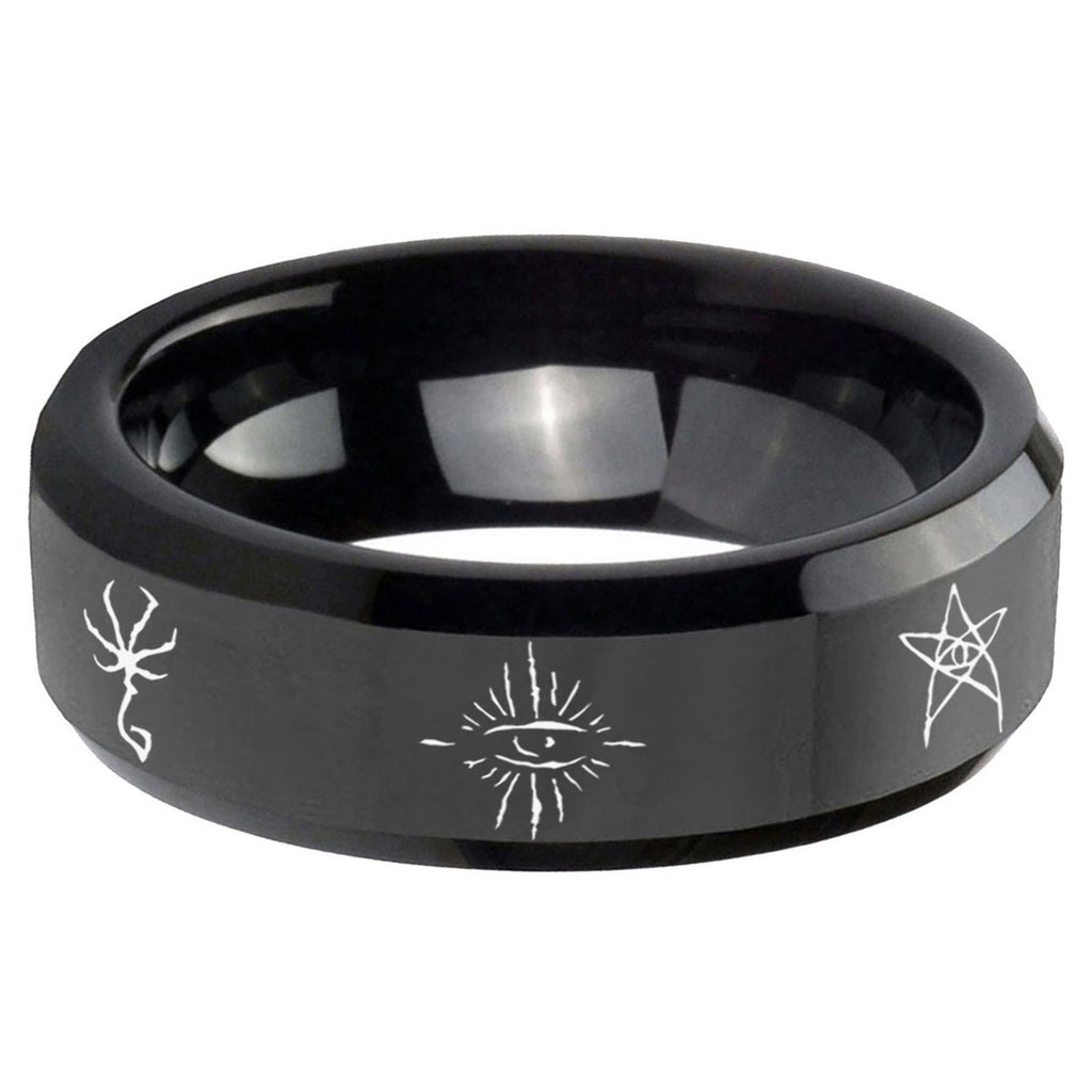 5mm Blackborne Caryll Runes Beveled Edge Polish Black Tungsten Ring